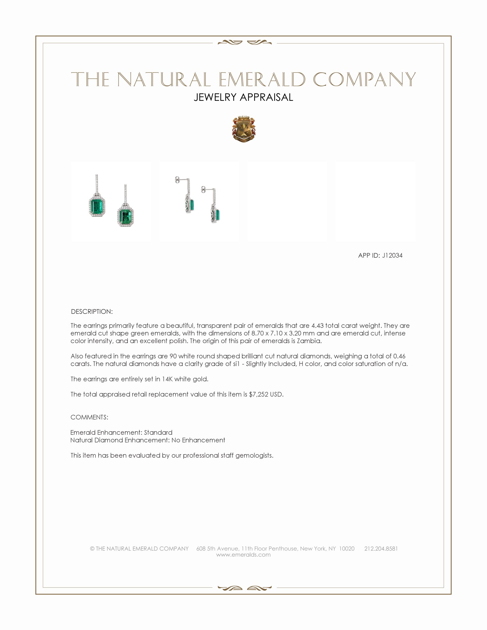 4.43 Ct.Tw. Emerald and Natural Diamond Pave Earrings, 14K White Gold
