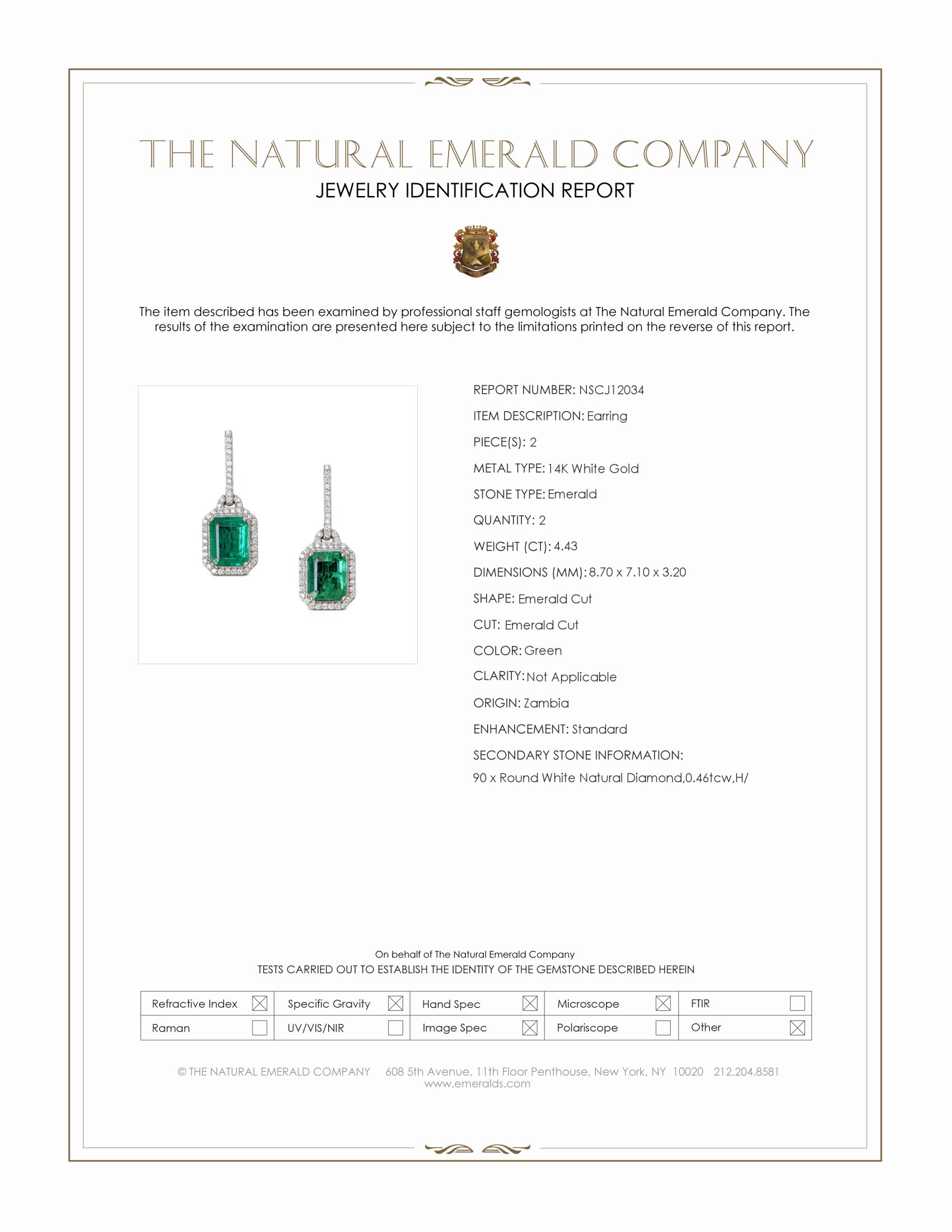 4.43 Ct.Tw. Emerald and Natural Diamond Pave Earrings, 14K White Gold