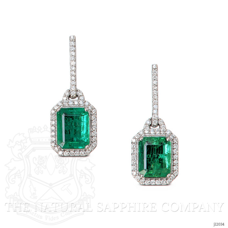 4.43 Ct.Tw. Emerald and Natural Diamond Pave Earrings, 14K White Gold