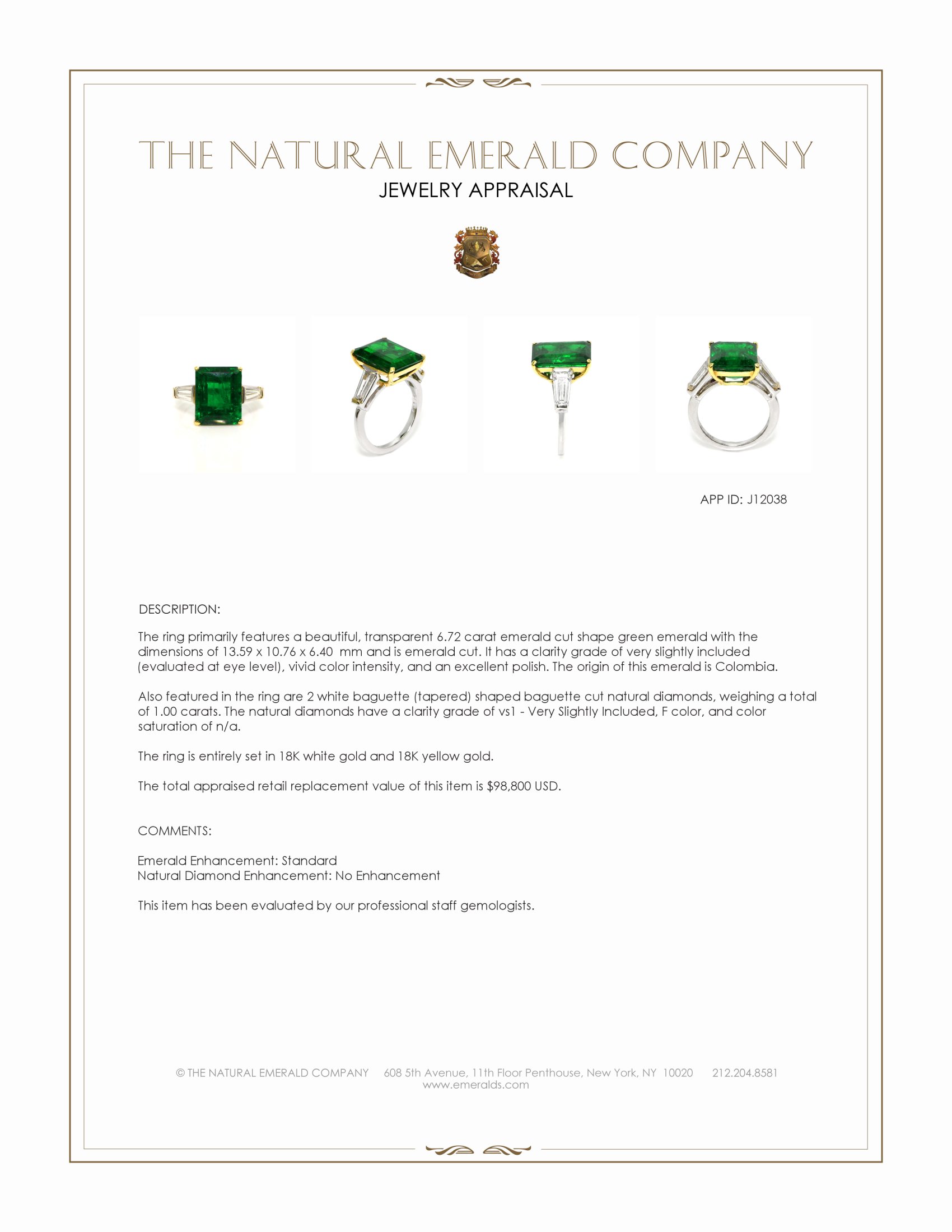 6.72 Ct. Emerald and Natural Diamond Three Stone Ring, 18K White & Yellow