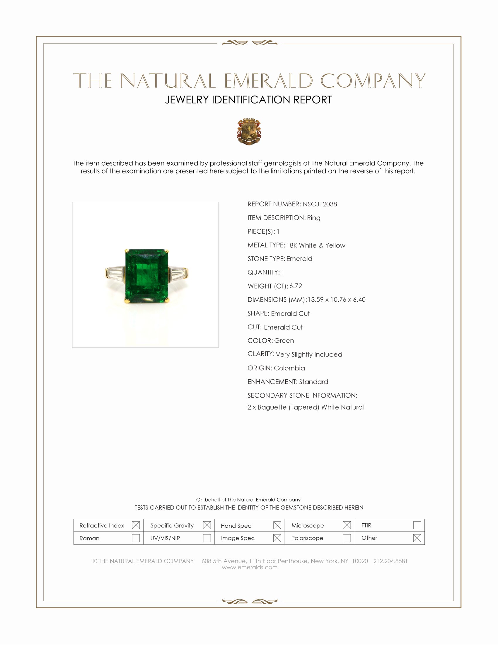 6.72 Ct. Emerald and Natural Diamond Three Stone Ring, 18K White & Yellow