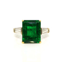 6.72 Ct. Emerald and Natural Diamond Three Stone Ring, 18K White & Yellow Video
