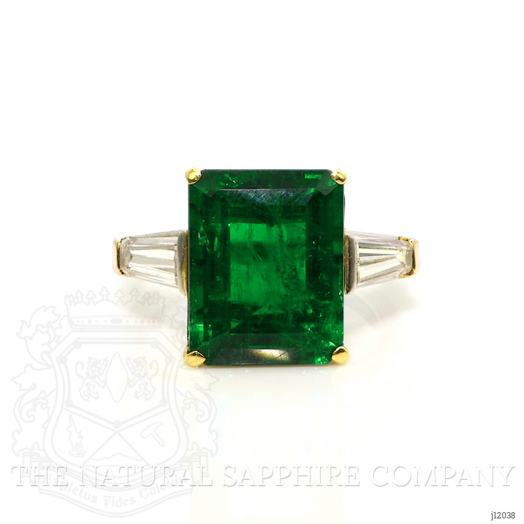 6.72 Ct. Emerald and Natural Diamond Three Stone Ring, 18K White & Yellow