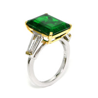 6.72 Ct. Emerald and Natural Diamond Three Stone Ring, 18K White & Yellow Image