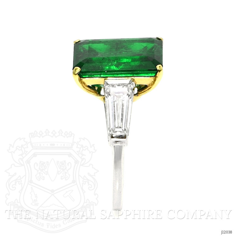 6.72 Ct. Emerald and Natural Diamond Three Stone Ring, 18K White & Yellow