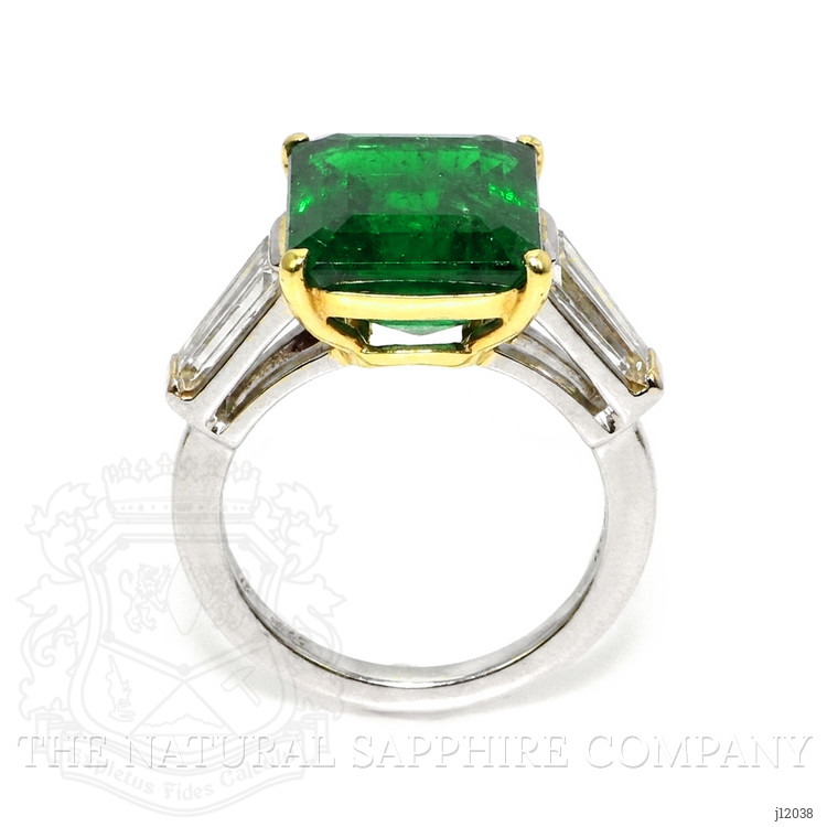 6.72 Ct. Emerald and Natural Diamond Three Stone Ring, 18K White & Yellow