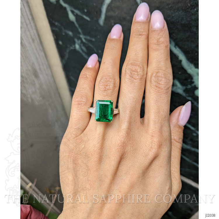 6.72 Ct. Emerald and Natural Diamond Three Stone Ring, 18K White & Yellow