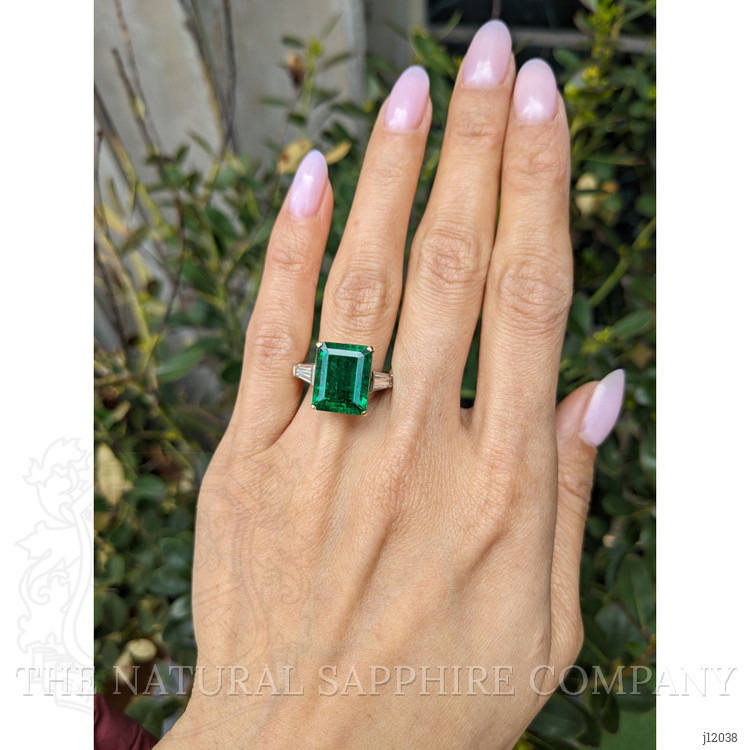 6.72 Ct. Emerald and Natural Diamond Three Stone Ring, 18K White & Yellow