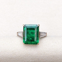 6.72 Ct. Emerald and Natural Diamond Three Stone Ring, 18K White & Yellow Life Style