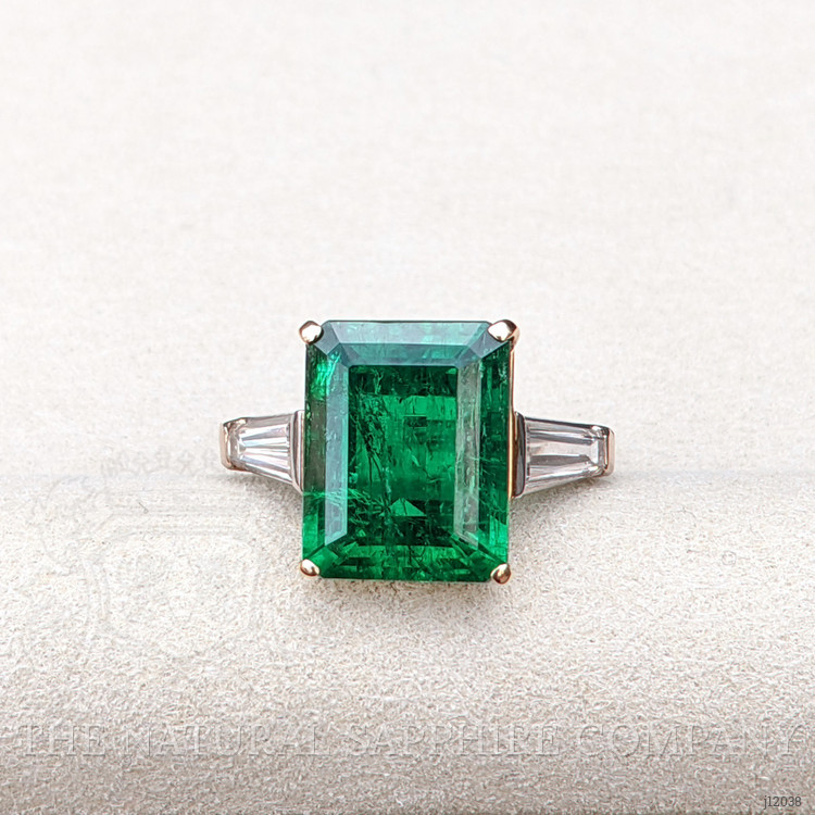 6.72 Ct. Emerald and Natural Diamond Three Stone Ring, 18K White & Yellow