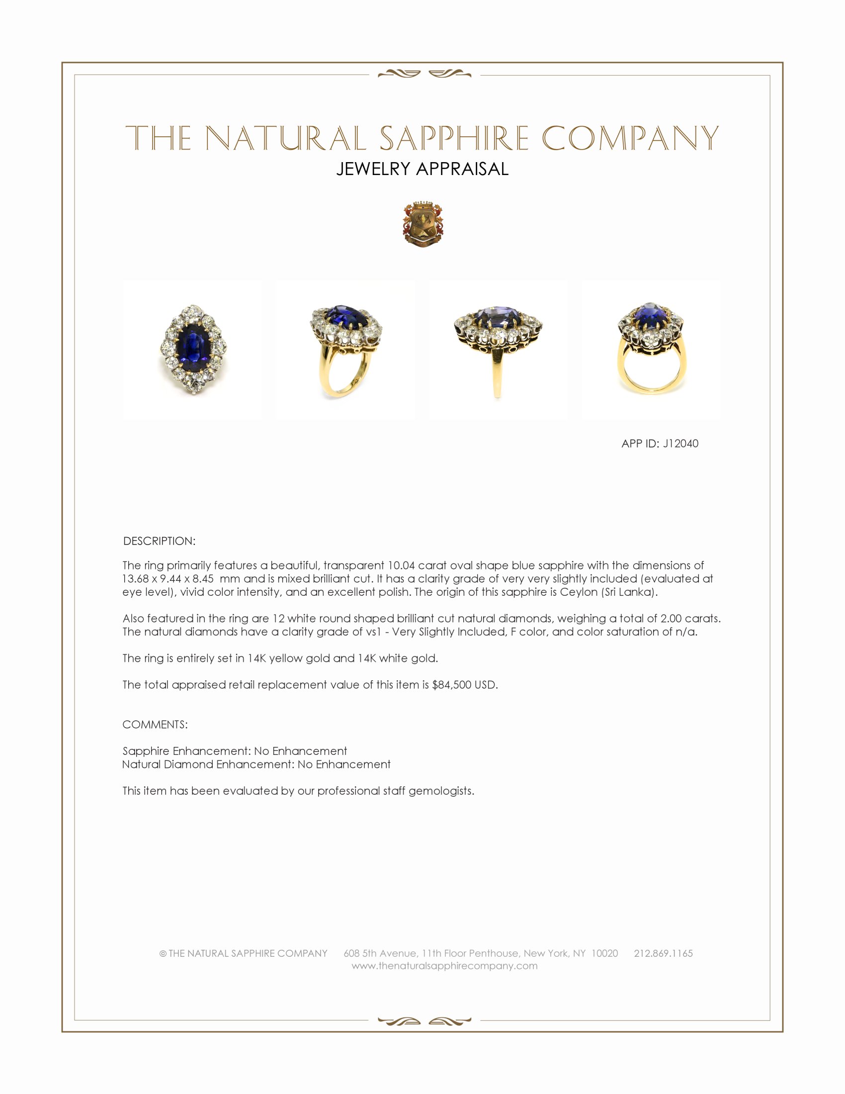 10.04 Ct. Blue Sapphire and Natural Diamond Antique Style Ring, 14K Yellow & White