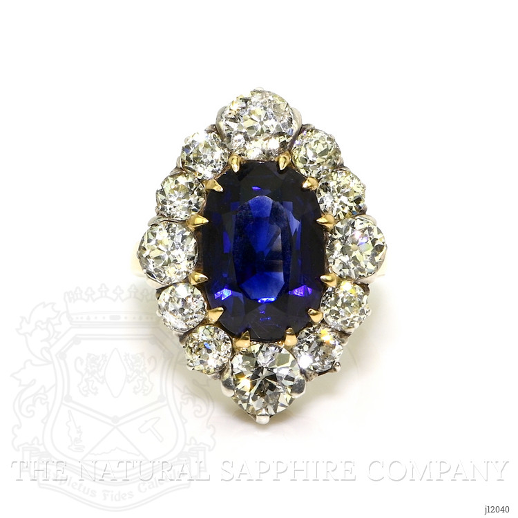 10.04 Ct. Blue Sapphire and Natural Diamond Antique Style Ring, 14K Yellow & White