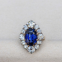 10.04 Ct. Blue Sapphire and Natural Diamond Antique Style Ring, 14K Yellow & White Life Style