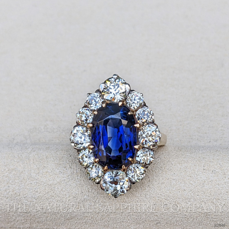 10.04 Ct. Blue Sapphire and Natural Diamond Antique Style Ring, 14K Yellow & White