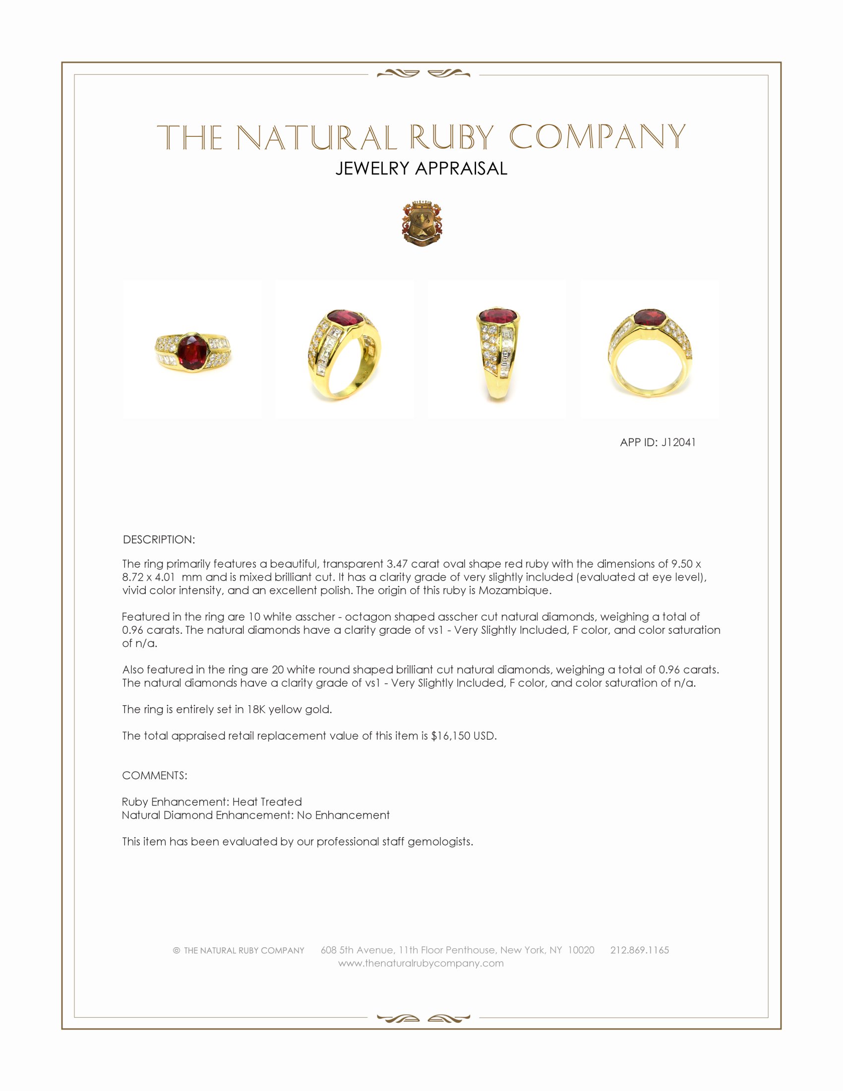 3.47 Ct. Ruby and Natural Diamond Antique Style Ring, 18K Yellow Gold