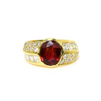 3.47 Ct. Ruby and Natural Diamond Antique Style Ring, 18K Yellow Gold Video