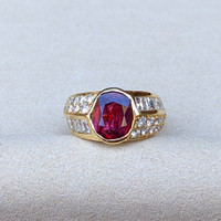 3.47 Ct. Ruby and Natural Diamond Antique Style Ring, 18K Yellow Gold Life Style
