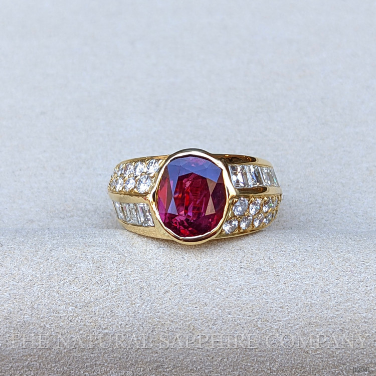 3.47 Ct. Ruby and Natural Diamond Antique Style Ring, 18K Yellow Gold