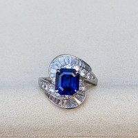 3.50 Ct. Blue Sapphire and Natural Diamond Pave Ring, Platinum 950 Life Style