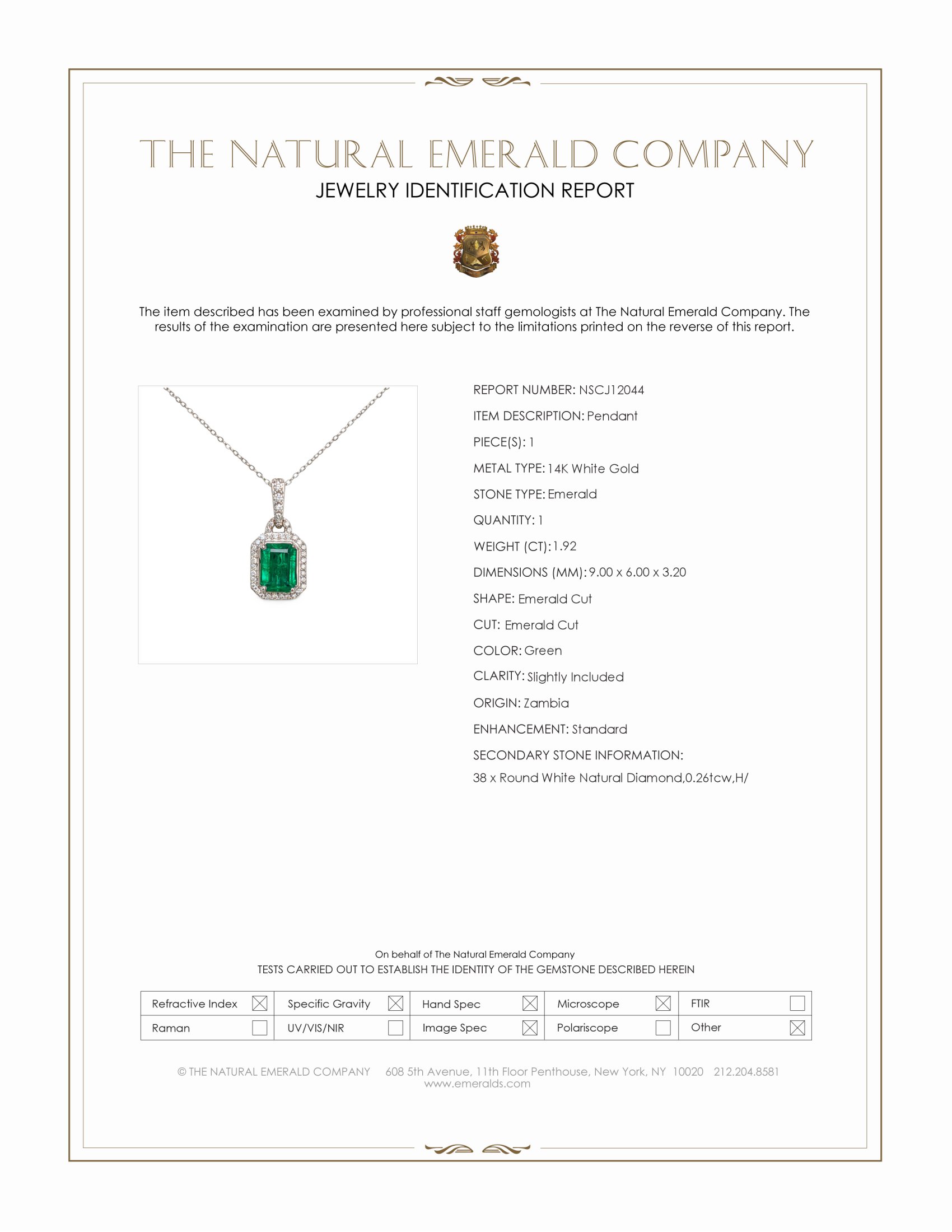 1.92 Ct. Emerald and Natural Diamond Pave Pendant, 14K White Gold
