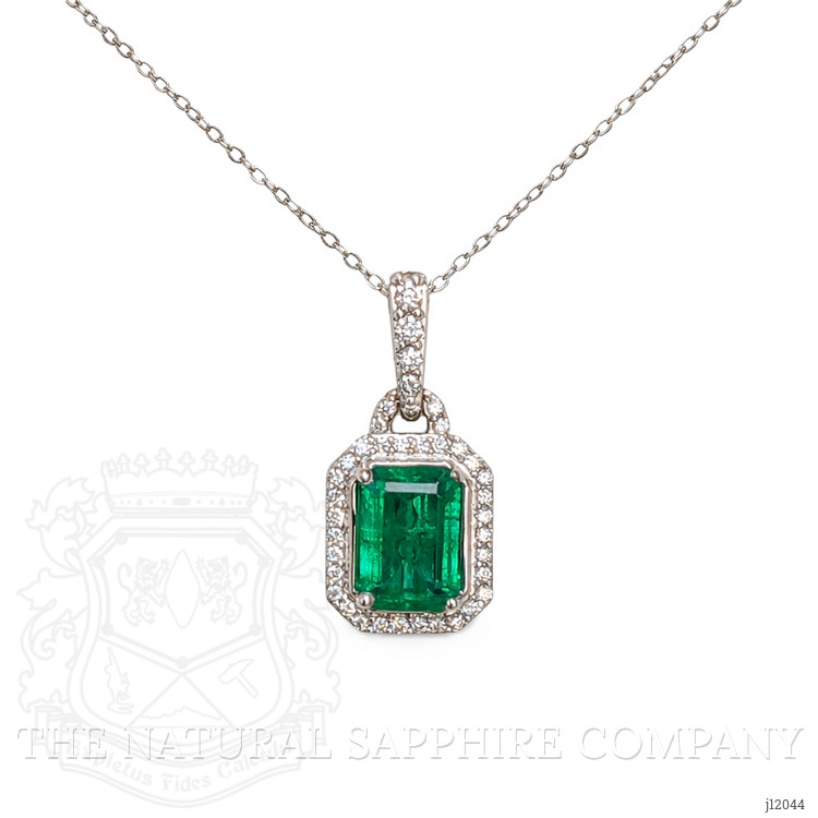 1.92 Ct. Emerald and Natural Diamond Pave Pendant, 14K White Gold