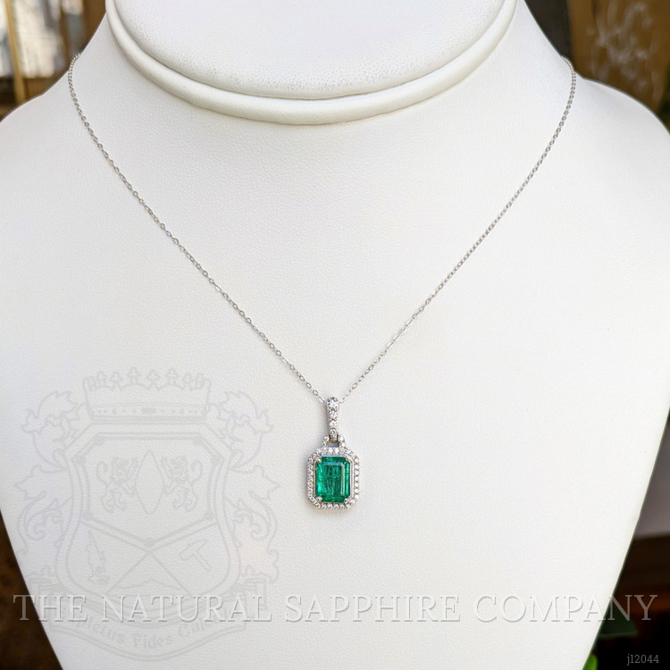 1.92 Ct. Emerald and Natural Diamond Pave Pendant, 14K White Gold