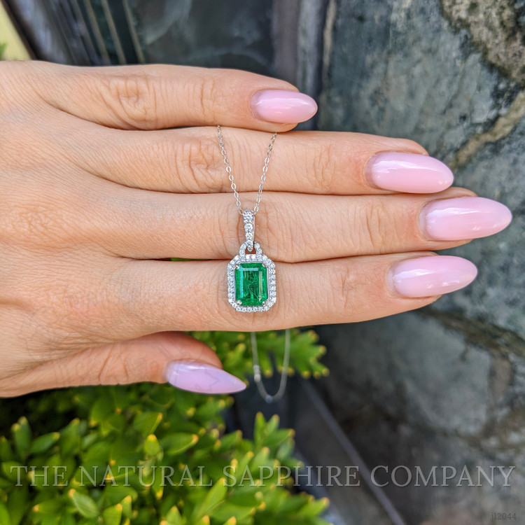 1.92 Ct. Emerald and Natural Diamond Pave Pendant, 14K White Gold