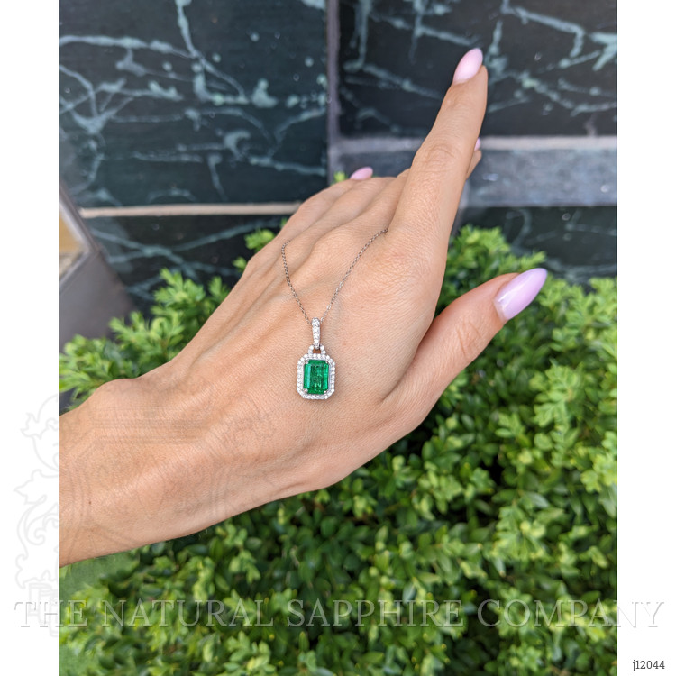 1.92 Ct. Emerald and Natural Diamond Pave Pendant, 14K White Gold