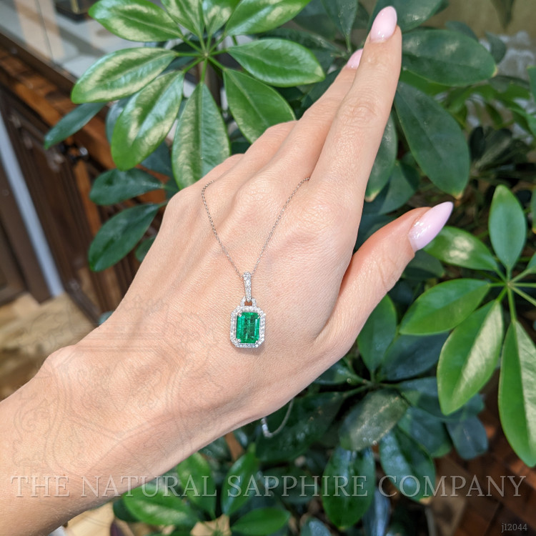 1.92 Ct. Emerald and Natural Diamond Pave Pendant, 14K White Gold