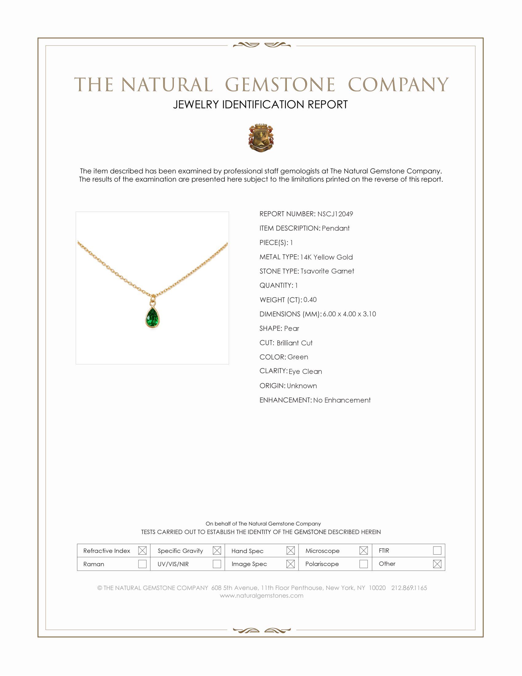 0.40 Ct. Tsavorite Garnet Bezel Pendant, 14K Yellow Gold