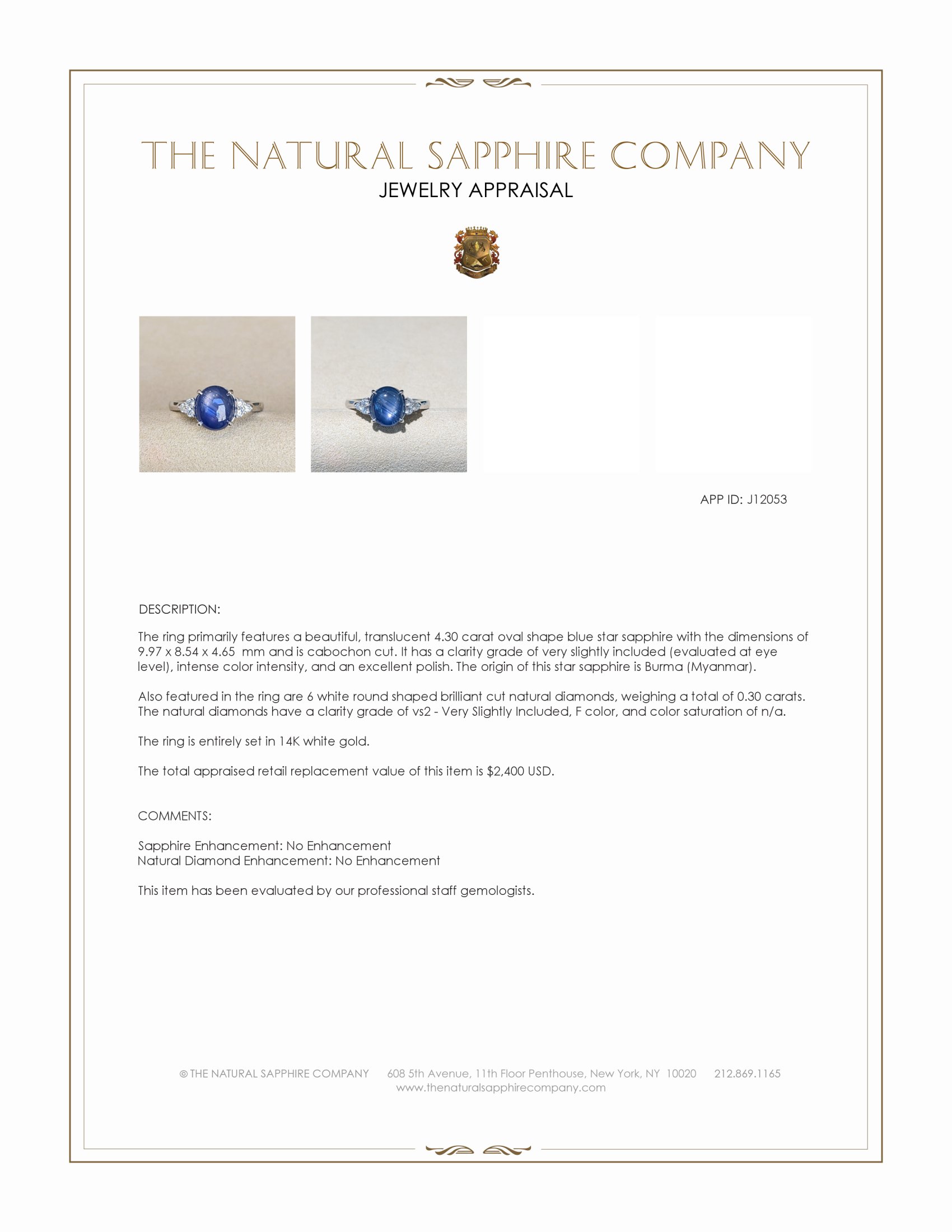 4.30 Ct. Blue Sapphire and Natural Diamond Multi Stone Ring, 14K White Gold
