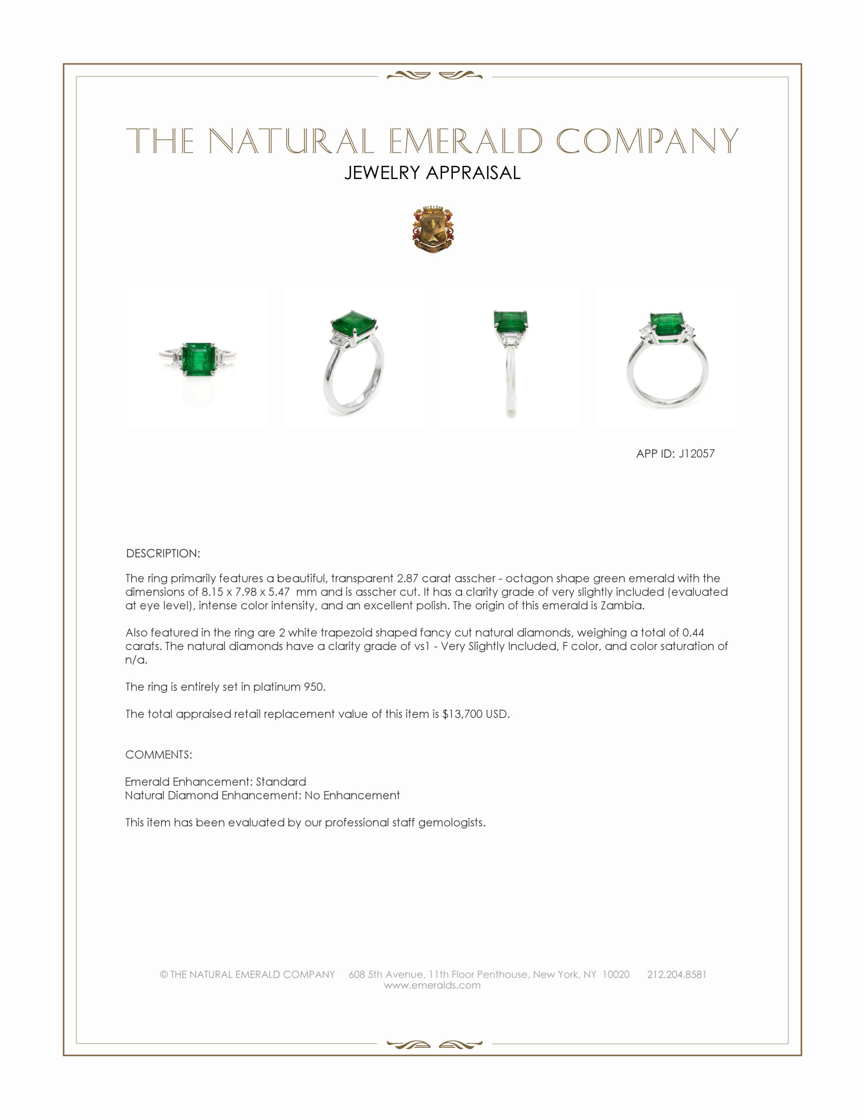 2.87 Ct. Emerald and Natural Diamond Three Stone Ring, Platinum 950