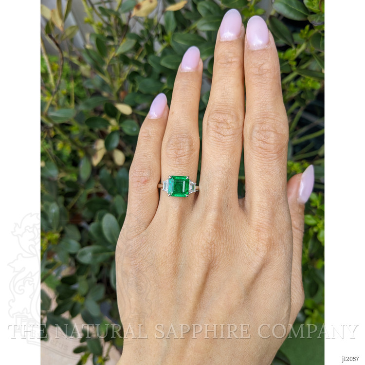2.87 Ct. Emerald and Natural Diamond Three Stone Ring, Platinum 950