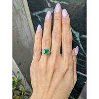 2.87 Ct. Emerald and Natural Diamond Three Stone Ring, Platinum 950 Life Style