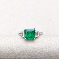 2.87 Ct. Emerald and Natural Diamond Three Stone Ring, Platinum 950 Life Style