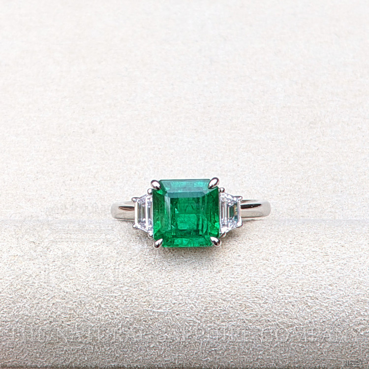 2.87 Ct. Emerald and Natural Diamond Three Stone Ring, Platinum 950