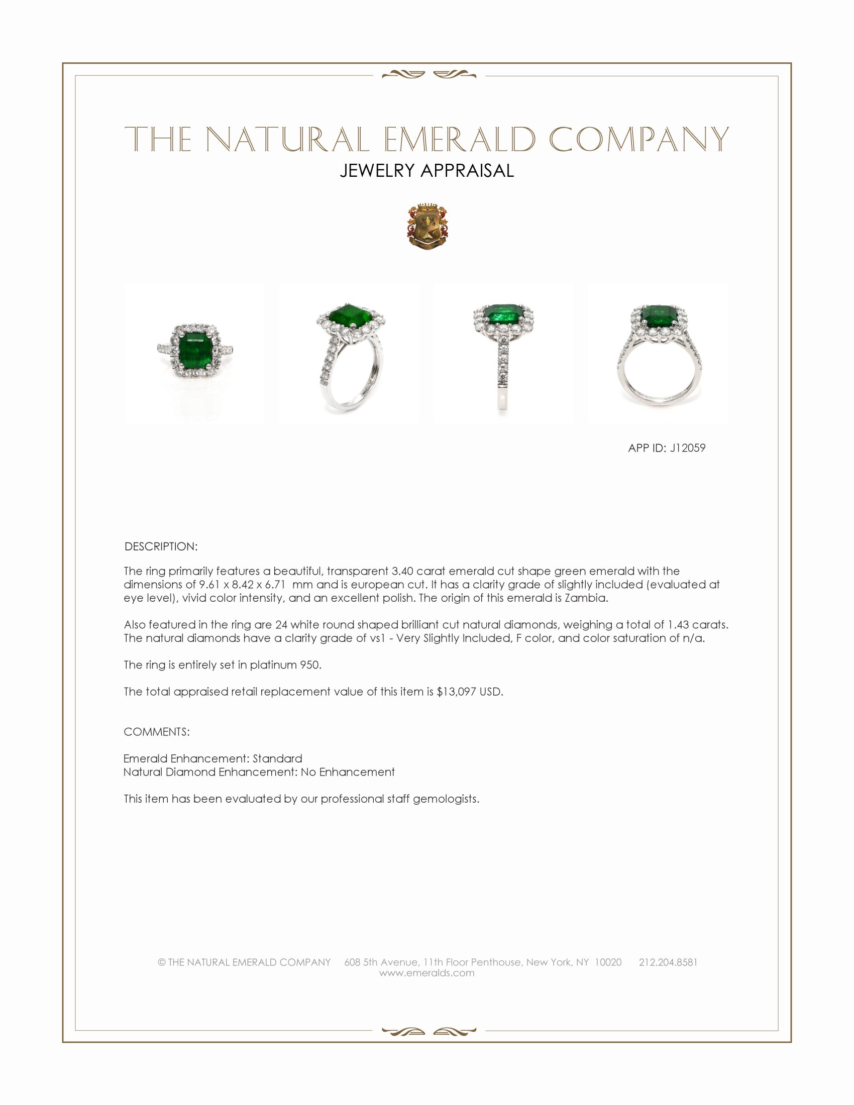 3.40 Ct. Emerald and Natural Diamond Pave Ring, Platinum 950