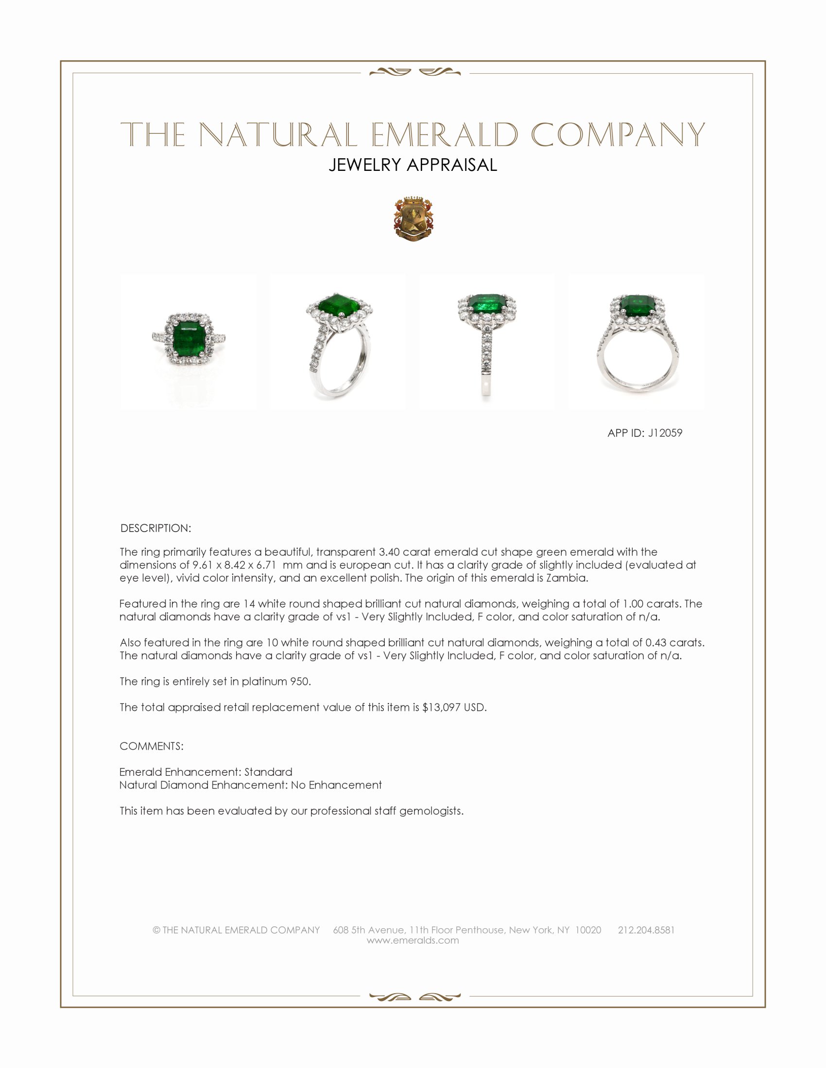 3.40 Ct. Emerald and Natural Diamond Pave Ring, Platinum 950