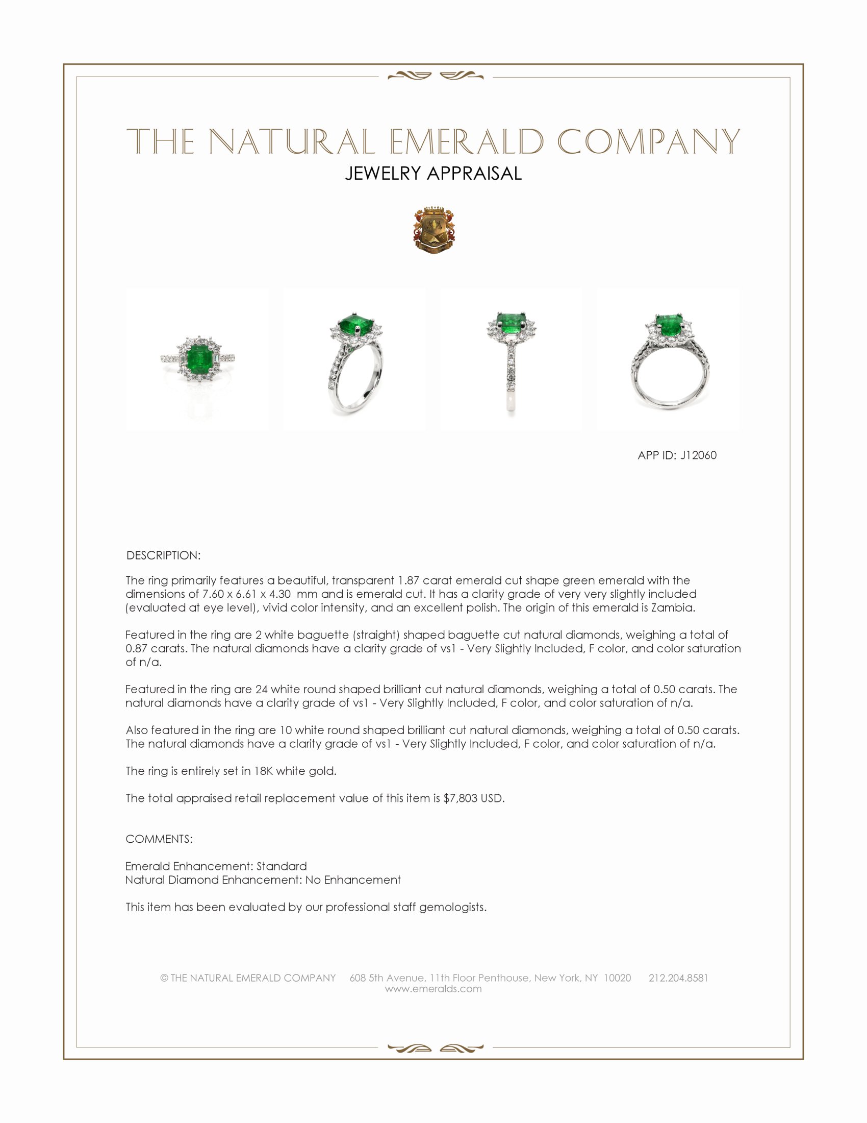 1.87 Ct. Emerald and Natural Diamond Pave Ring, 18K White Gold