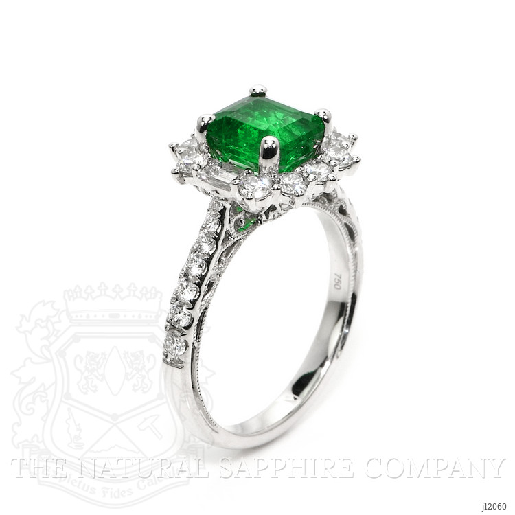 1.87 Ct. Emerald and Natural Diamond Pave Ring, 18K White Gold