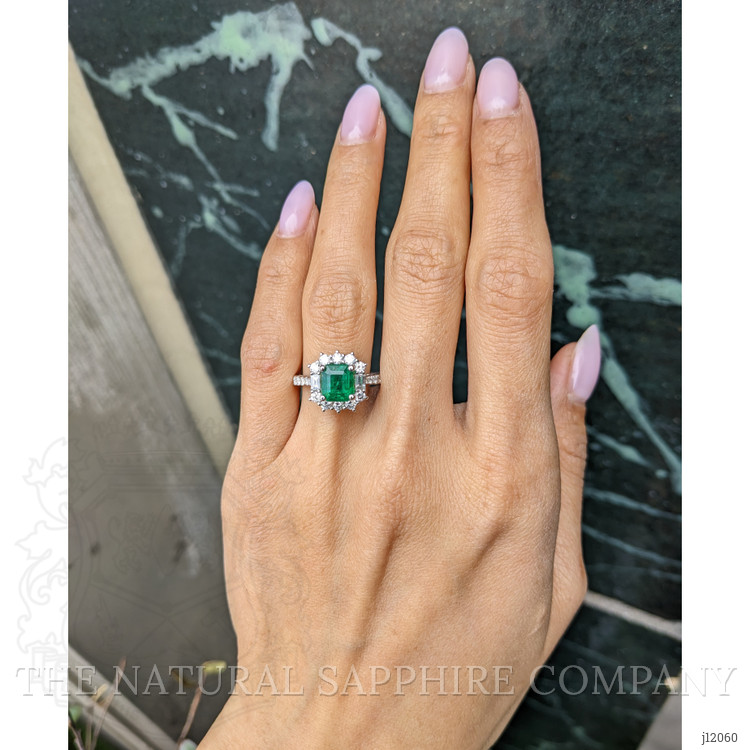1.87 Ct. Emerald and Natural Diamond Pave Ring, 18K White Gold