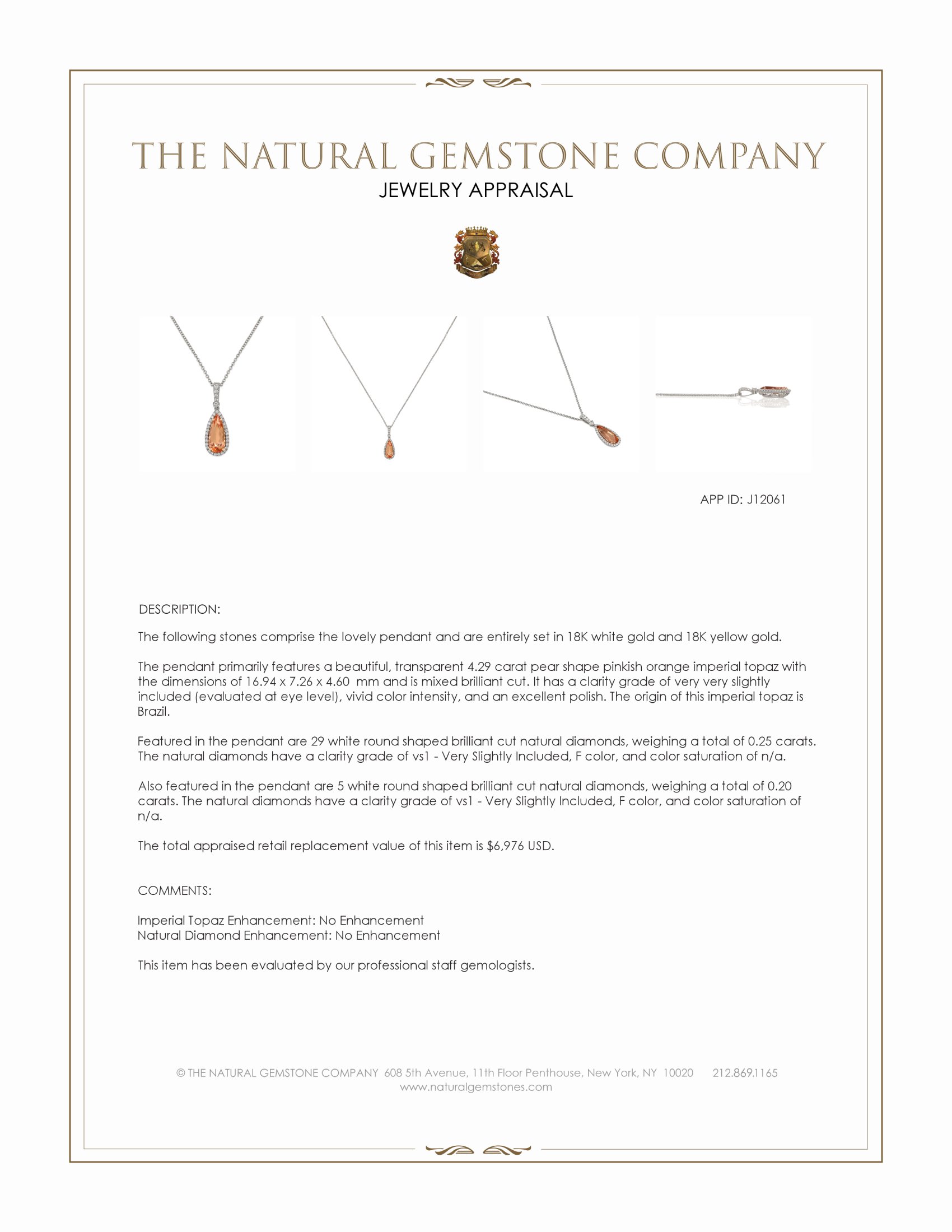 4.29 Ct. Pinkish Orange Imperial Topaz and Natural Diamond Pave Pendant, 18K White & Yellow