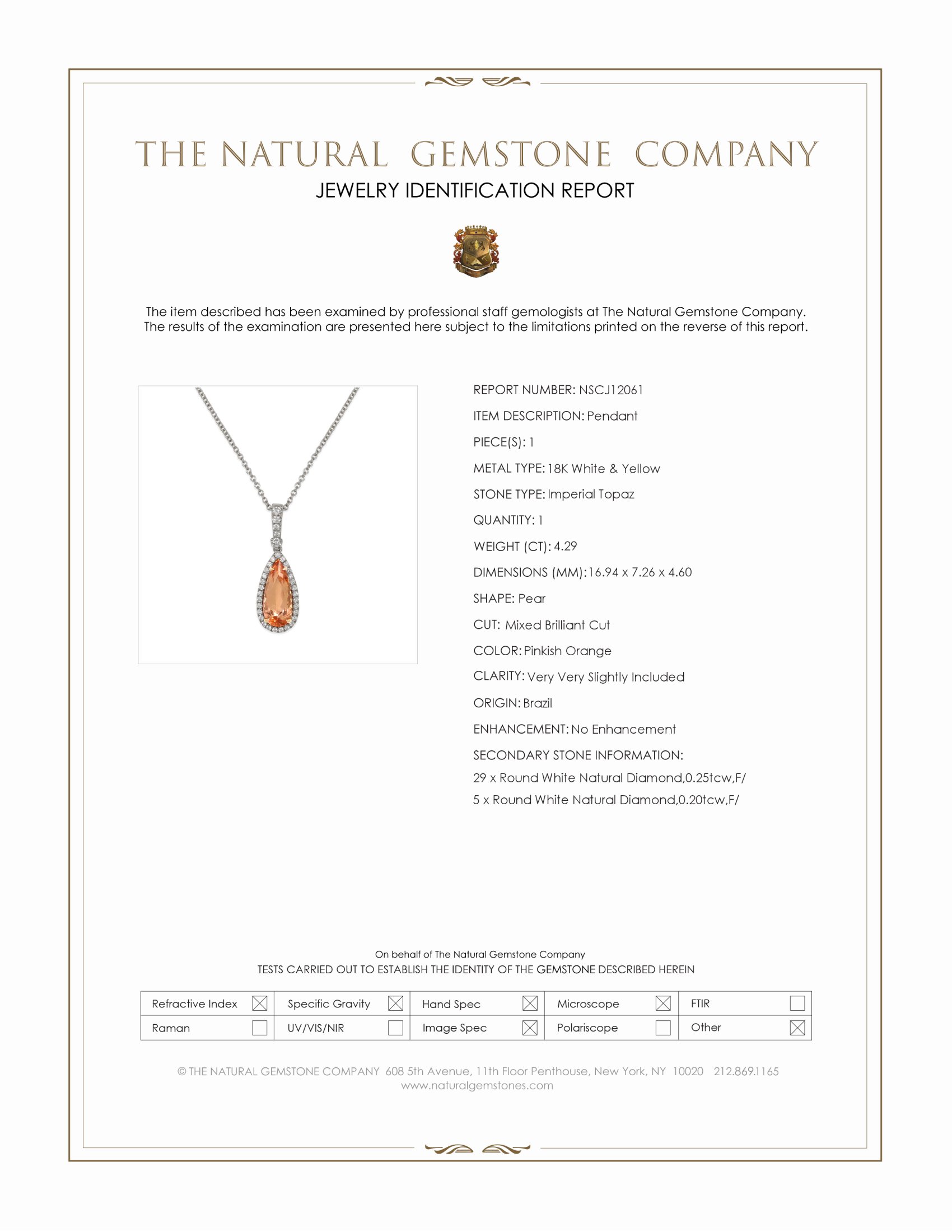 4.29 Ct. Pinkish Orange Imperial Topaz and Natural Diamond Pave Pendant, 18K White & Yellow