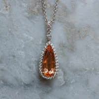 4.29 Ct. Pinkish Orange Imperial Topaz and Natural Diamond Pave Pendant, 18K White & Yellow Life Style