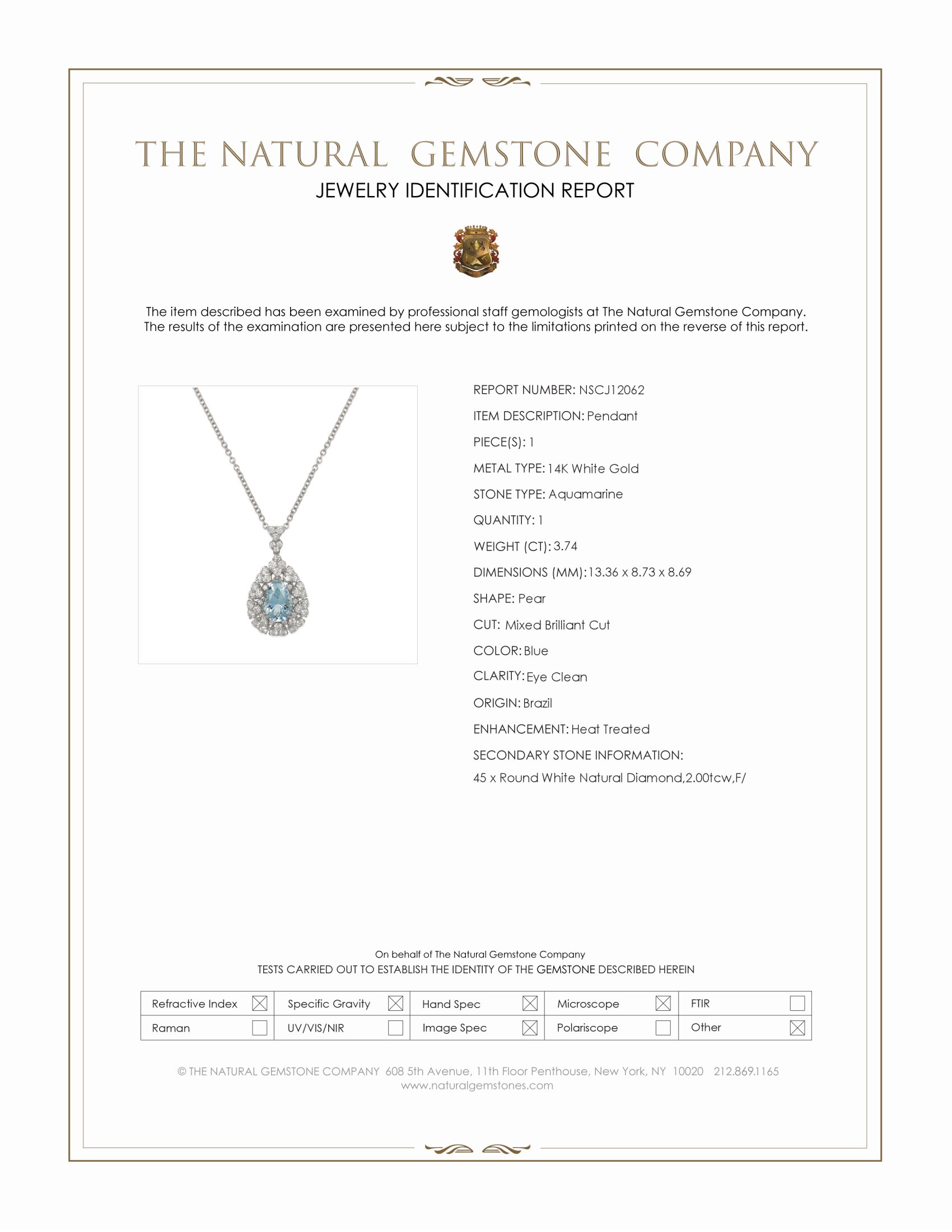 3.74 Ct. Blue Aquamarine and Natural Diamond Pave Pendant, 14K White Gold