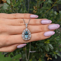 3.74 Ct. Blue Aquamarine and Natural Diamond Pave Pendant, 14K White Gold Life Style