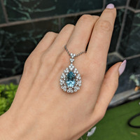 3.74 Ct. Blue Aquamarine and Natural Diamond Pave Pendant, 14K White Gold Life Style