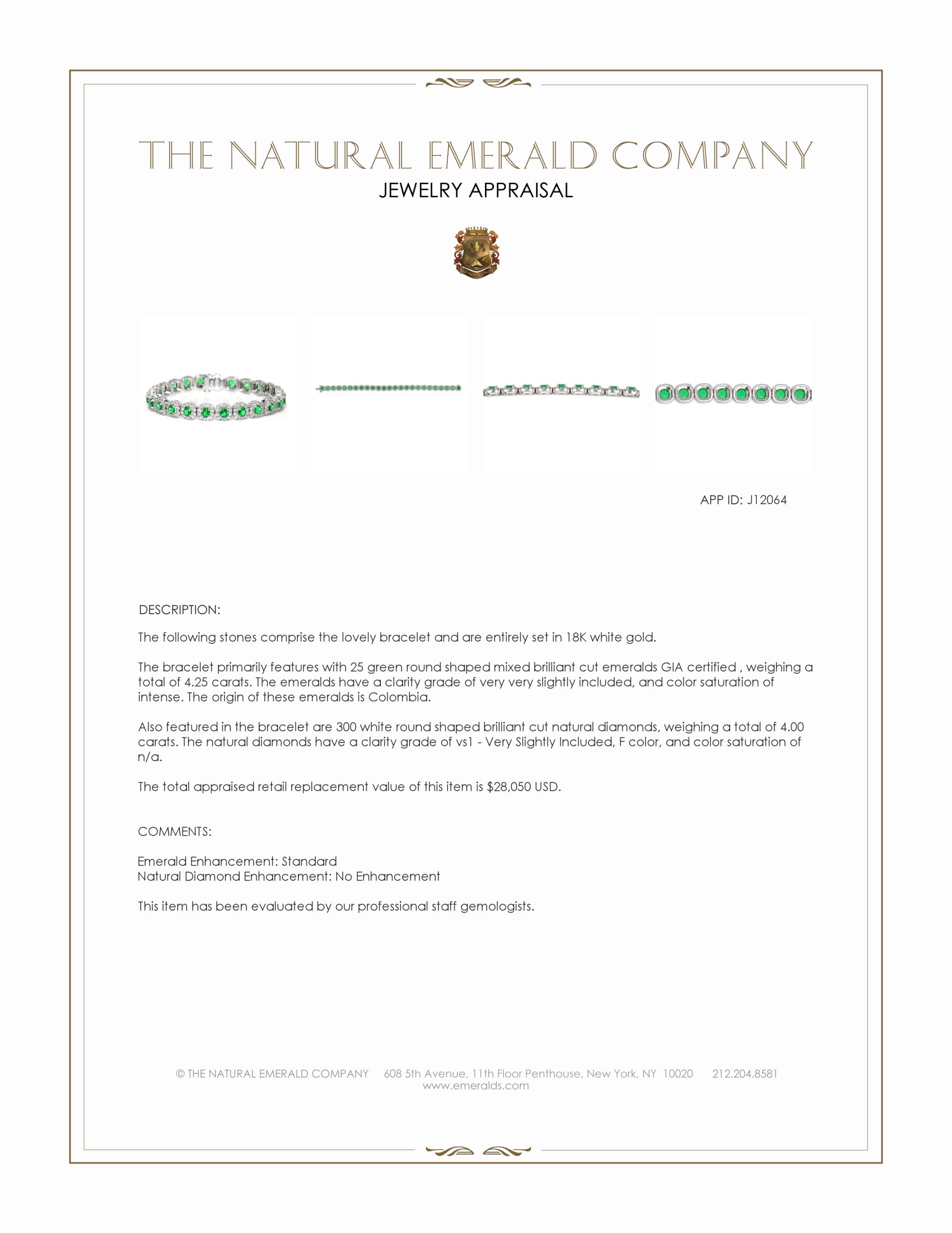 4.25 Ct.Tw. Emerald and Natural Diamond Pave Bracelet, 18K White Gold
