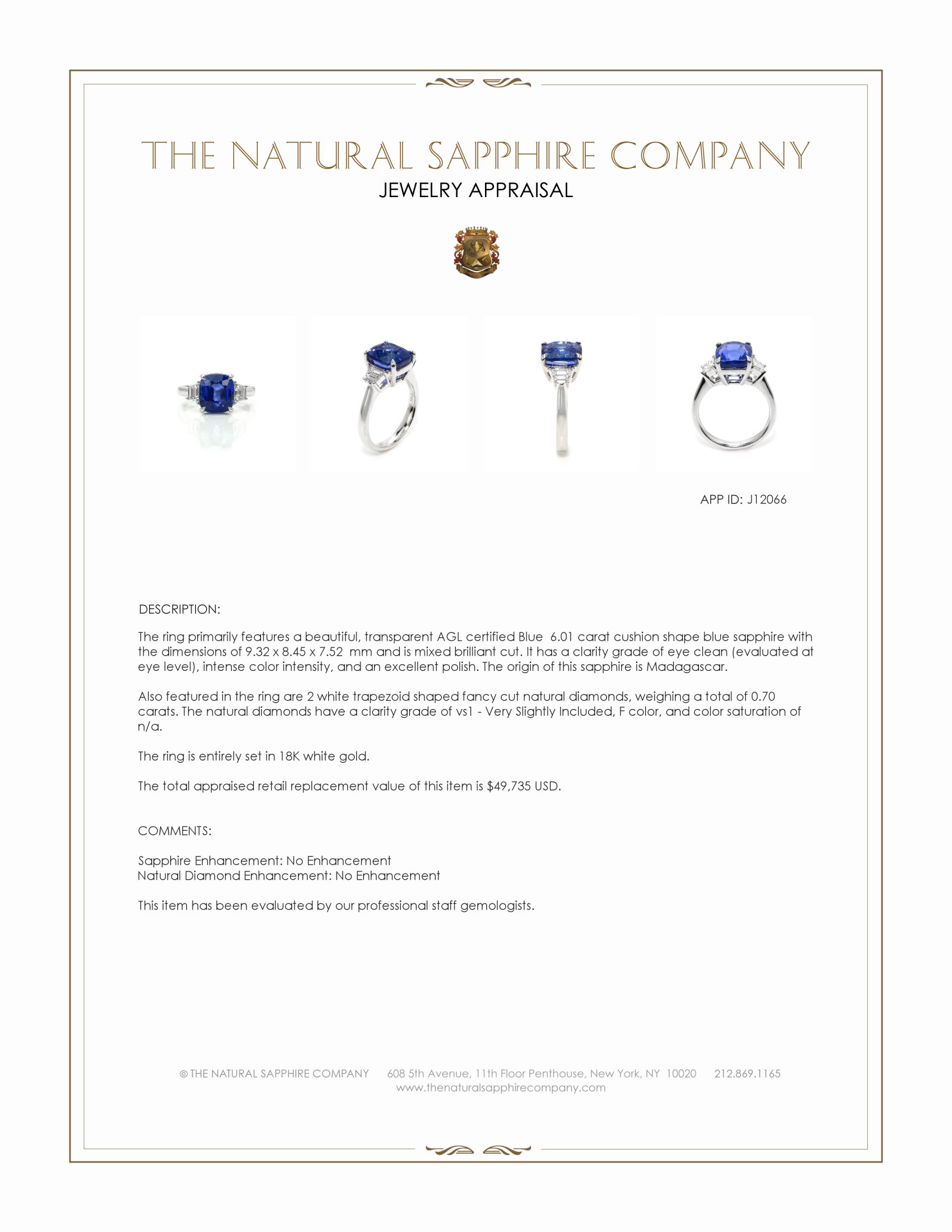 6.01 Ct. Blue Sapphire and Natural Diamond Three Stone Ring, 18K White Gold