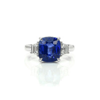 6.01 Ct. Blue Sapphire and Natural Diamond Three Stone Ring, 18K White Gold Video